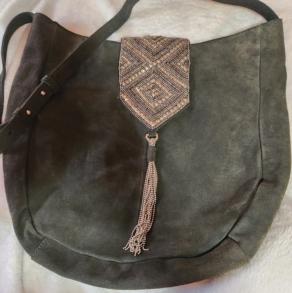 NWOT GREEN SUEDE ANTHROPOLOGIE TOTE PURSE.